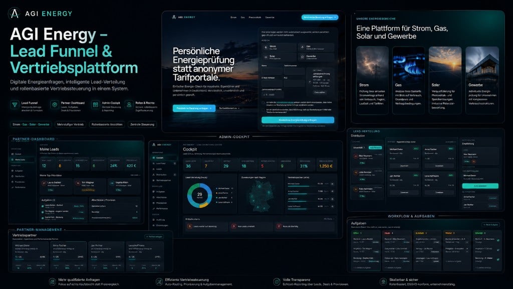 AGI Energy – Lead-Funnel & Vertriebsplattform für Energieanbieter mit rollenbasiertem Partner-Dashboard.